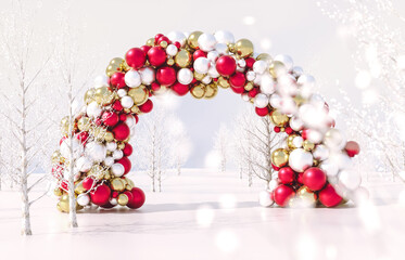 Leinwandbilder - Winter Christmas scene with geometric sphere arch. 3d rendering background.