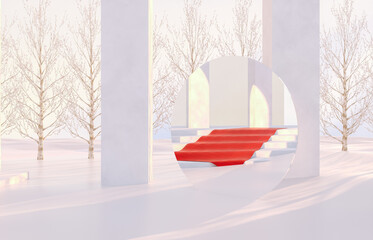 Poster - Winter Christmas scene with geometrical forms, arch with a podium in natural day light. 3D rendering background.