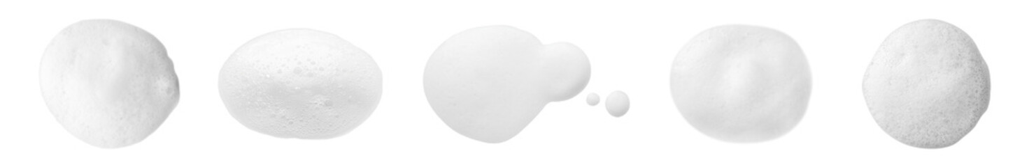 Sticker - Set with drops of fluffy soap foam on white background, top view. Banner design