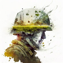 Composite Image Of A Soldier Looking At The Landscape. Surrealistic And Creative Double Exposure Portrait, Illustration