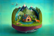 diorama of a beautiful mountain landscape with wooden log hut, birds