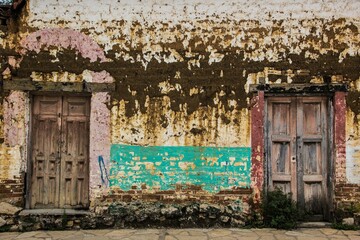 Sticker - Weathered and rusty wall with chipped blue paint and shabby wooden doors