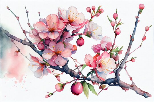 watercolor illustration of cherry blossoms, a branch with pink flowers, illustration with flower pet