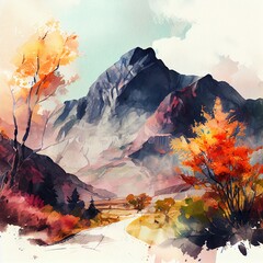 Sticker - watercolor autumn. 3d rendered digital, a mountain with snow and trees, illustration with plant mountain