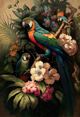 Wall Mural - wallpaper branches palm tree plants, a painting of a parrot, illustration with bird flower