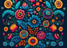 Mexican Florar Textile Printing All Over Pattern, Flat Colors With Generative AI Technology