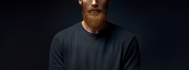 Wall Mural - Young caucasian male beard closeup. Young bearded hipster in black blank t-shirt. Handsome confident perfect hairstyle man.