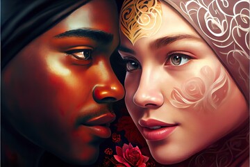 Wall Mural - multi racial love and integration, a person with a crown, illustration with lip eyebrow