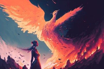 Woman and Phoenix. Freedom. digital art style. Fantasy scenery. Concept art.