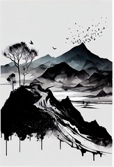 Sticker - ink landscape decoration illustration abstract, a black and white drawing of a mountain and trees, illustration with mountain sky