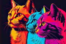 Close Up Pop Art Portrait, A Group Of Colorful Horses, Illustration With Cat Facial