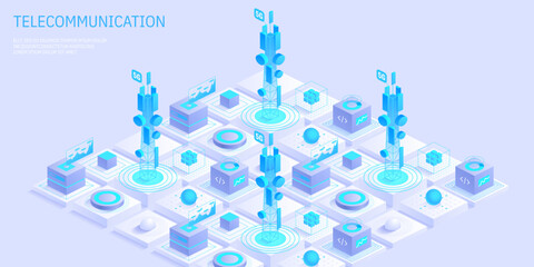 Wall Mural - Telecommunication signal transmitter tower. Future innovative wireless fast network technology concept. Isometric illustration vector design.