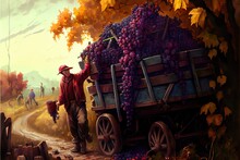 Grape Harvesting In Autumn, A Person Pushing A Cart Full Of Grapes, Illustration With Tire Wheel