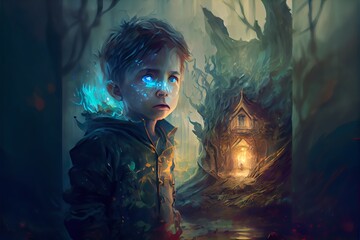 Wall Mural - fantasy scene of the young, a person with a blue face, illustration with flash photography