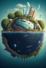 Wall Mural - conceptual illustration of ecological problems, a cartoon of a spaceship floating in water with a city in the background, illustration with world azure