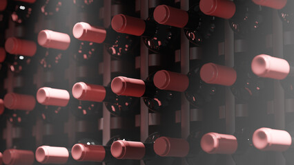 Wine cellar with bottles on wooden shelves. High quality 3d illustration