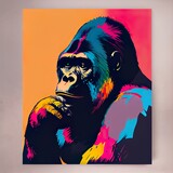 colorful gorilla bored ape pop, a painting of a person with The Andy Warhol Museum in the background, illustration with rectangle art