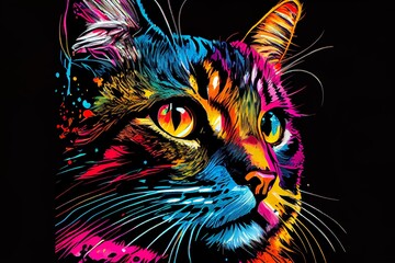 Wall Mural - colorful cat pop art portrait, a colorful butterfly with black and white wings, illustration with head cat