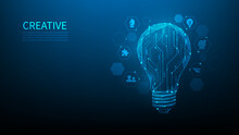 Idea Solution Light Bulb Digital Circuit. Creative Thinking Digital Technology. Brain Innovative To Success. New Business Idea Concept. Vector Illustration Fantastic Hi Tech. On Blue Dark Background.