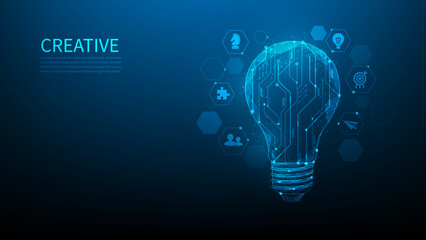 idea solution light bulb digital circuit. creative thinking digital technology. brain innovative to success. new business idea concept. vector illustration fantastic hi tech. on blue dark background.