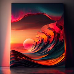 Sticker - abstract sunset waves, background pattern, illustration with liquid orange