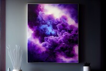 Abstract Watercolor Nebula With Stars, A Purple Flower In A Vase, Illustration With Cloud Sky