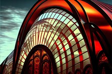 A Glass And Steel Arched, A Large Red Arched Structure, Illustration With Light Sky