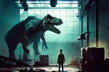 Wall Mural - a hunter looked at the, a man standing next to a dinosaur, illustration with extinction light
