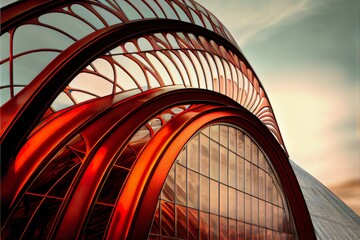 Sticker - a glass and steel arched, a circular structure with a red and white design, illustration with sky cloud