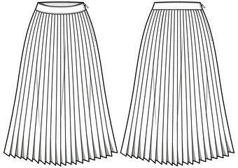 Women a line knife pleat Skirt flat sketch illustration, Long pleated skirt for casual wear fashion technical drawing vector template mock up