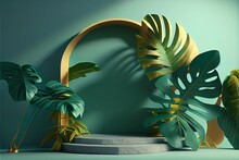 3d Render, Abstract Green Background, A Group Of Plants In A Room, Illustration With Mythical Creature