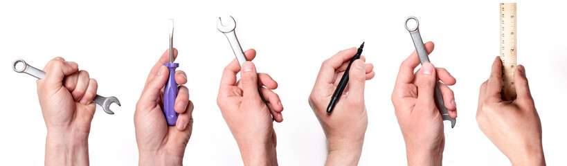 People hands with tools screwdriver, ruler, wrench, pen, marker