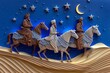 Paper cut art of three wise kings Melchior, Caspar and Balthasar, riding camels following the star of Bethlehem. Epiphany celebration. Episode of Bible. Digital painting.