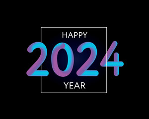 Sticker - Happy new year 2024 future metaverse neon text neon with metal effect, numbers and futurism lines. Vector greeting card, banner, congratulation poster 3d illustration. Modern trendy electronic light