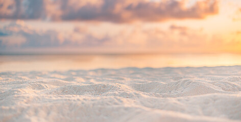 Aufkleber - Ocean beach sand closeup at sunset sunrise landscape outdoor. Beautiful colorful sky with clouds natural island sea with copy space, sun rays seascape, dream nature. Inspirational shore, coast