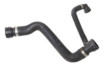 Poster - Black plastic hose of the car engine cooling system on a white isolated background in a photo studio for replacement during repair or for a catalog of spare parts for sale on auto disassembly.