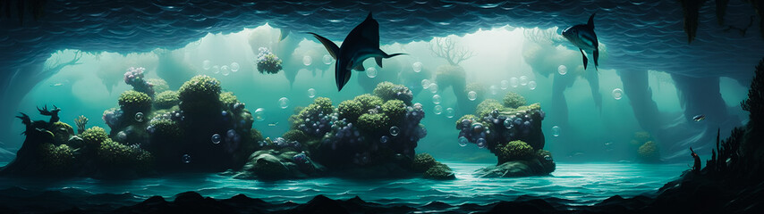 Wall Mural - Artistic concept illustration of a underwater world with big fish in the background, background illustration.