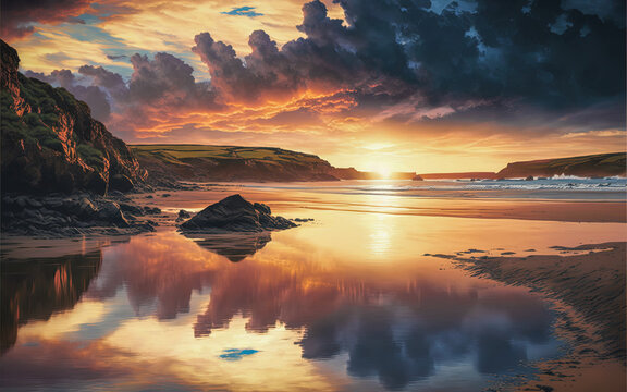 sunset over the sea on a rocky Cornish beach