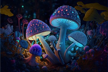 magic mushrooms in forest glowing and shining fanatasy art