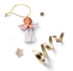 Wall Mural - elements for christmas design. christmas decoration angel, confetti and golden stars on a transparen