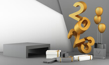 Letters Gold Texture Of 2023 In The Concept Of New Year, White Marble Color Tones, Surrounded By Geometric Shapes For Displaying The Products And Gift Boxes With Transparent Balls. 3d Rendering