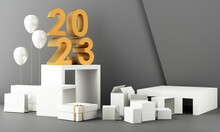 Letters Gold Texture Of 2023 In The Concept Of New Year, White Marble Color Tones, Surrounded By Geometric Shapes For Displaying The Products And Gift Boxes With Transparent Balls. 3d Rendering
