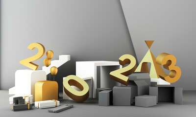 Wall Mural - Letters gold texture of 2023 in the concept of New Year, white marble color tones, surrounded by geometric shapes for displaying the products and gift boxes with transparent balls. 3d rendering