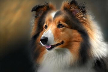 Adorable Shetland Sheepdog dog on dark background. Cute dog portrait. Digital art	