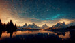 Leinwandbild Motiv Spectacular nature background of beautiful mountain and lake in starry night with shimmering light, pixie dust. Digital art 3D illustration of panoramic mountain view with stars reflect in lake water.