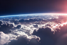 Splendid Background Cloudscape Above The Earth's Atmosphere In The Stratosphere, With A Galaxy And Black, Starry Space At The Horizon. Digital Art 3D Illustration Of View From Above The Space.