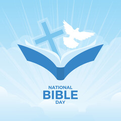 National Bible Day vector. Holy bible book, religious cross and holy spirit white dove on a blue heaven background vector. Christian feast illustration. Important day