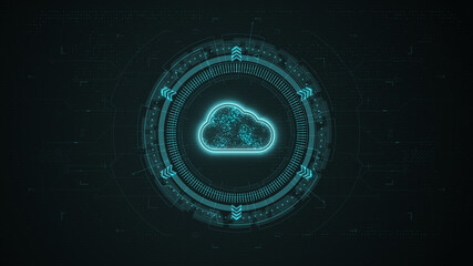 Wall Mural - blue digital cloud computing logo and data stroage system with rotation hud circle technology interf