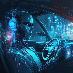 Poster - Robot driver of autonomous car. Futuristic modern , AI