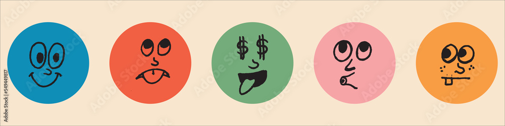 Round abstract comic Faces with various Emotions. Different colorful ...